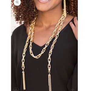 Paparazzi Elegant Scarf Gold Necklace with Tassel Charms and Earrings NWTS